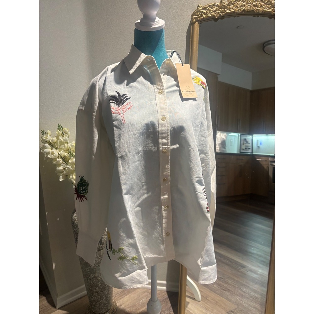 Scotch & Soda Mens Embroidered Long Sleeve Button Down Shirt White NWT